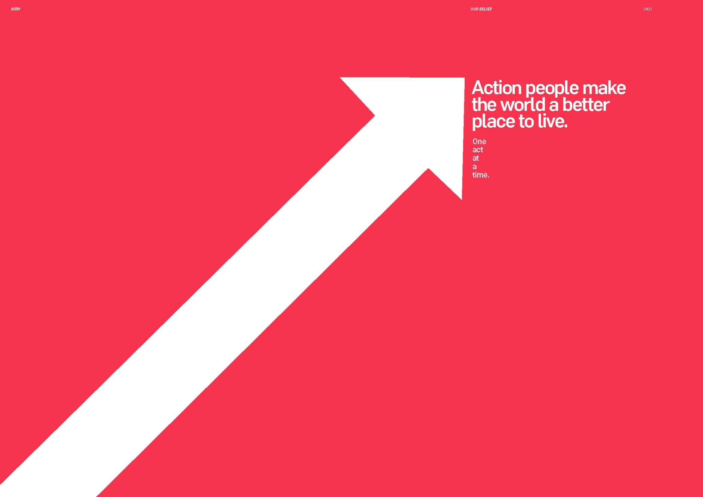 Mission page: action people make the world a better place to live, set against a full red arrow