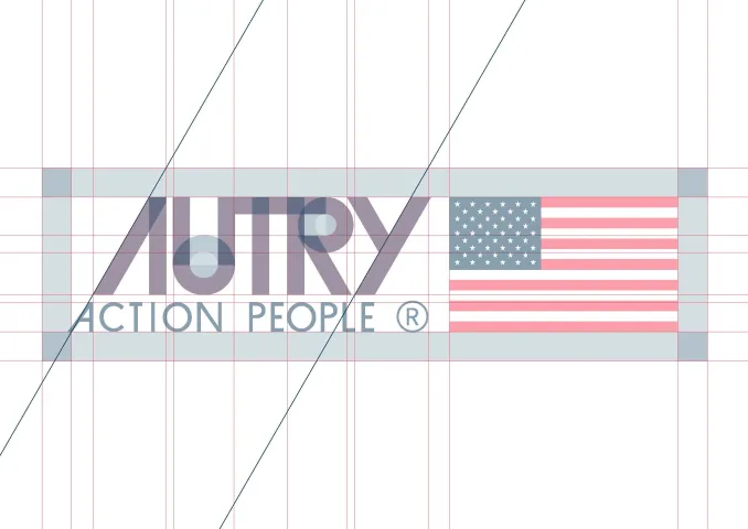 Logo construction page: the lockup on its grid with clear space and the shared diagonal marked