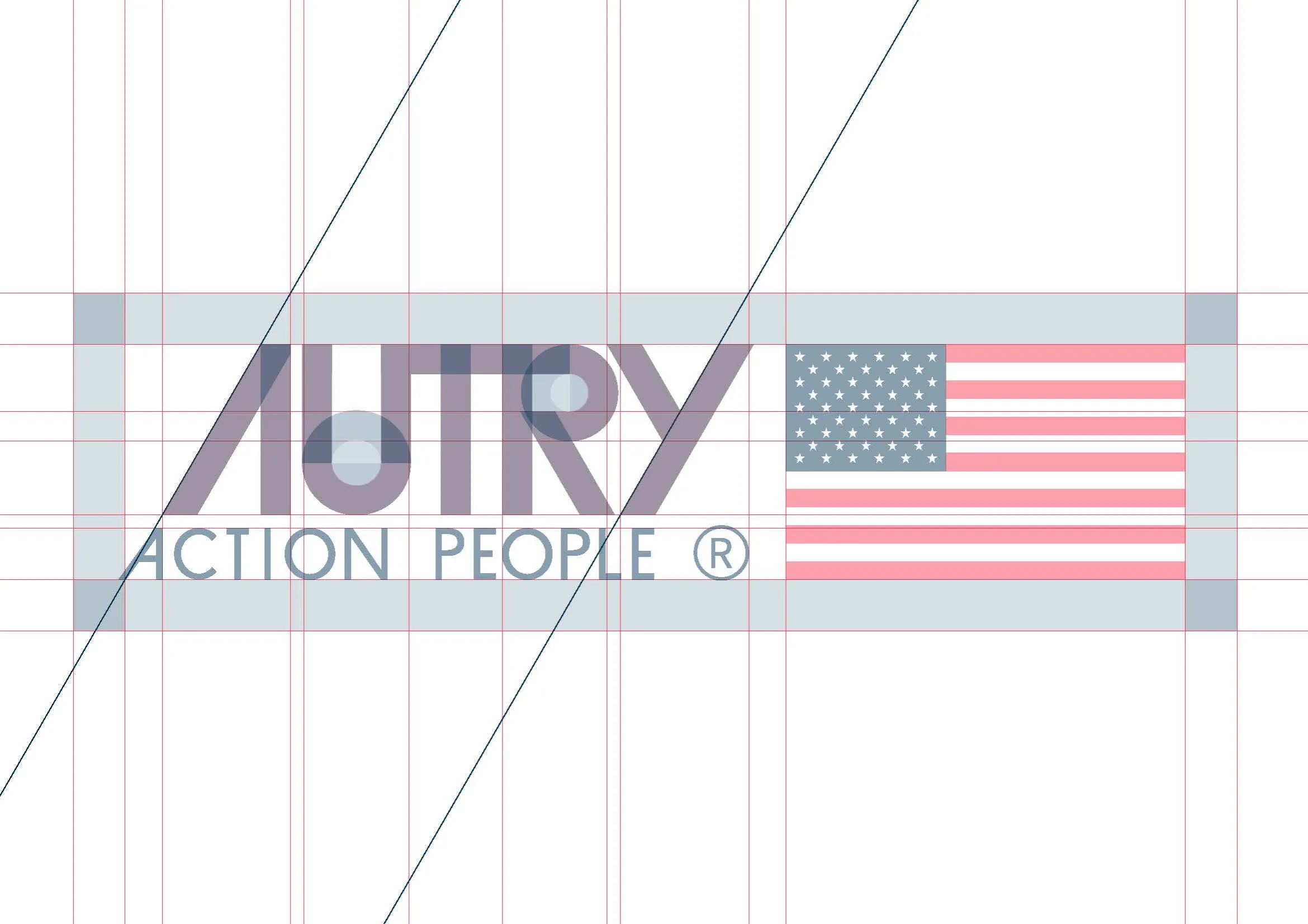 Logo construction page: the lockup on its grid with clear space and the shared diagonal marked