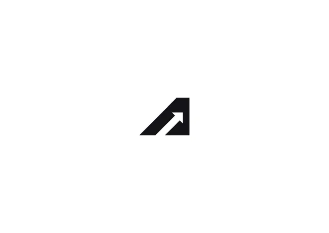 The A monogram shown on its own at size, the arrowhead reading before the letter does