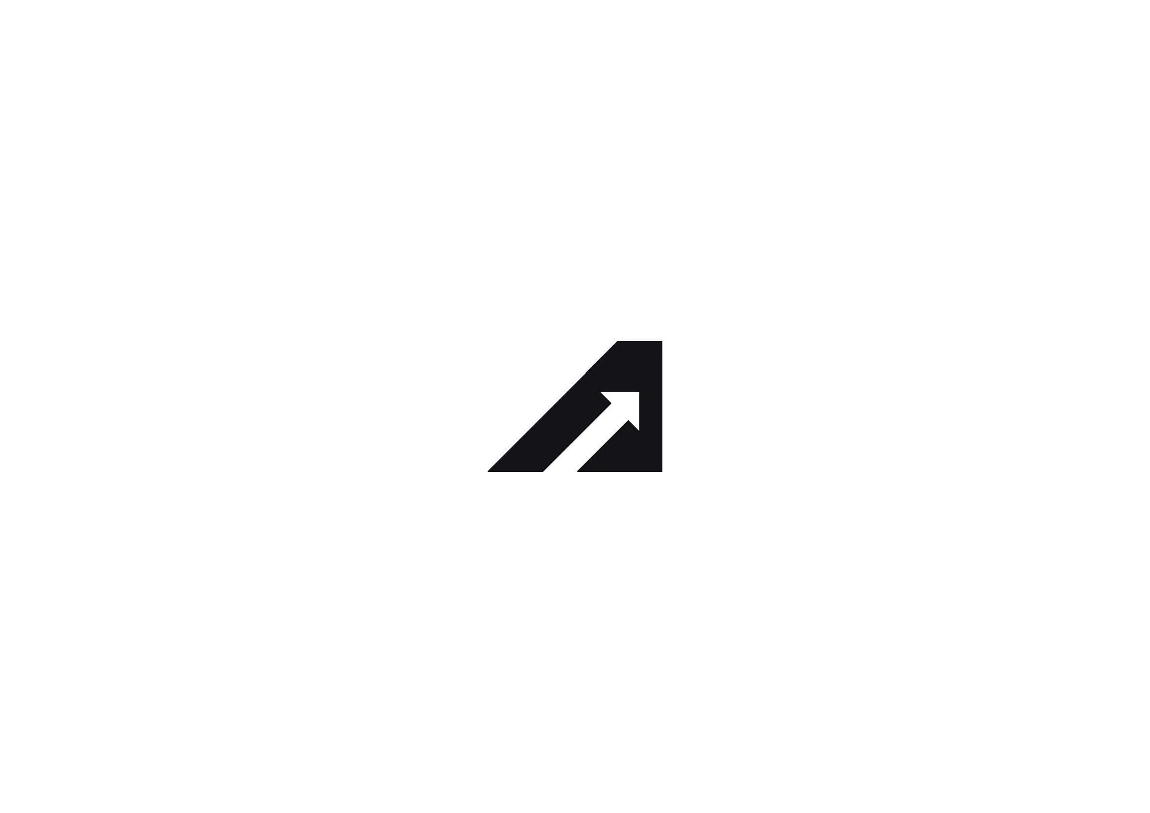The A monogram shown on its own at size, the arrowhead reading before the letter does