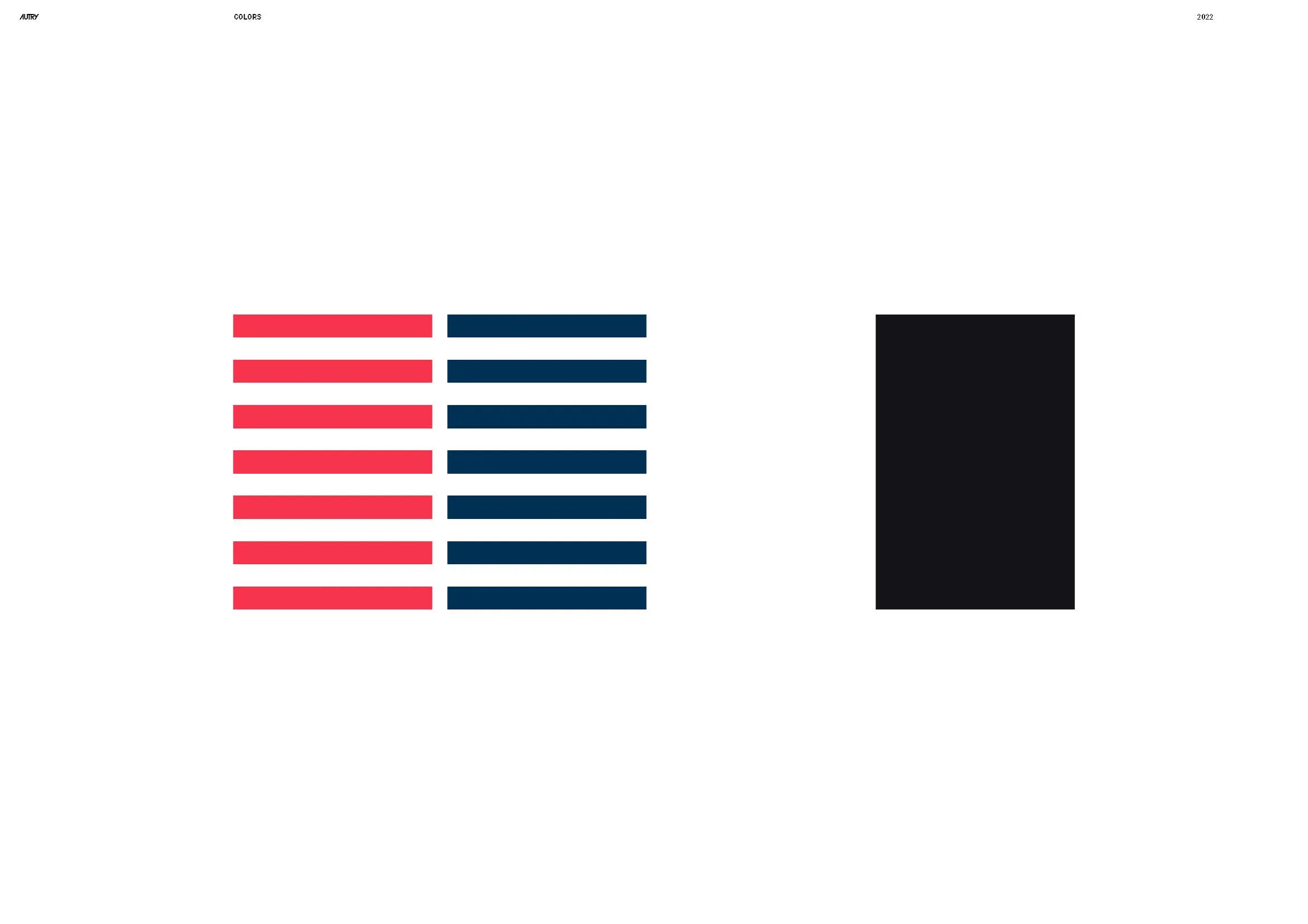 Colour page: Autry Red, American Blue and Off Black shown as stacked stripes rather than swatch chips