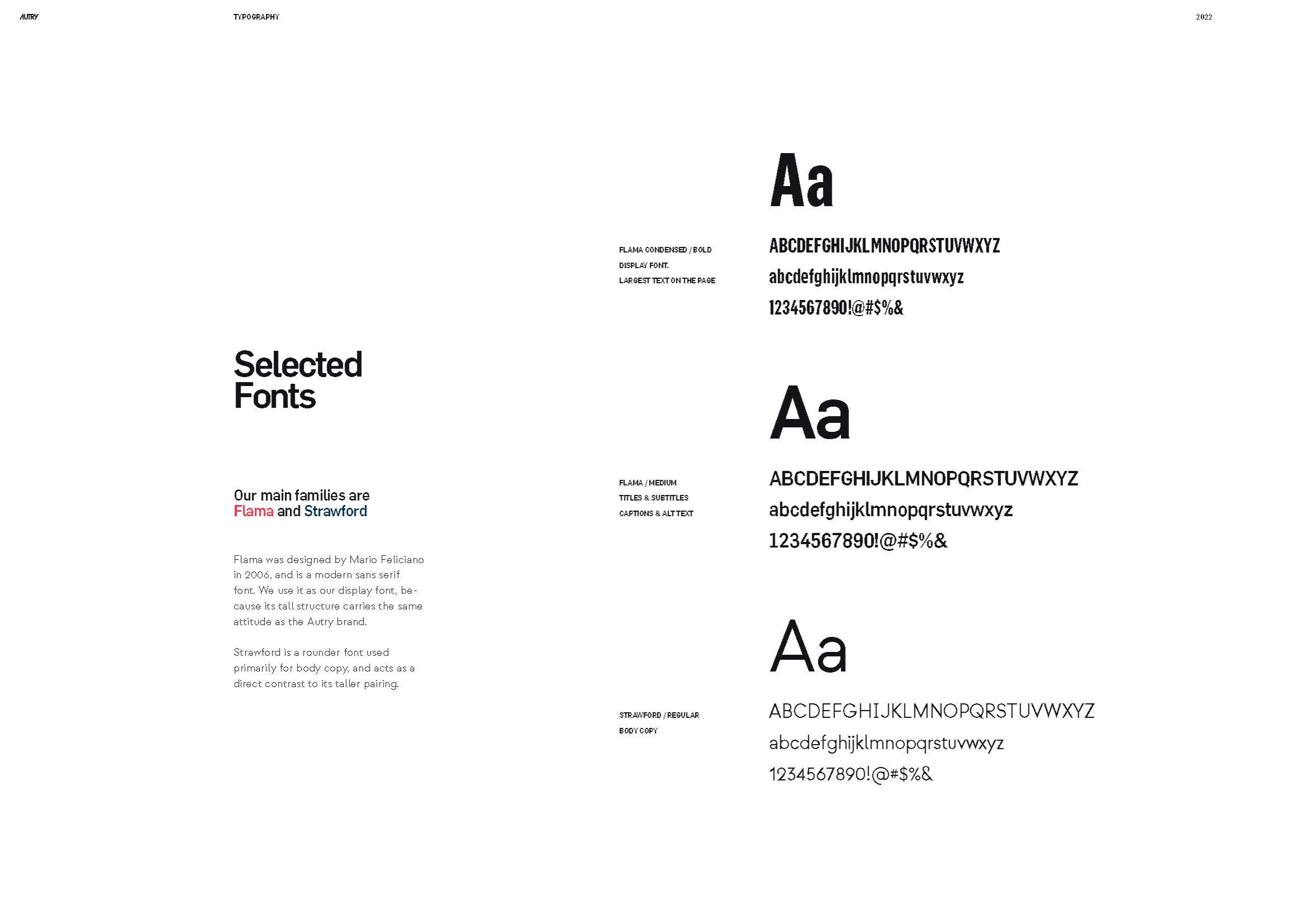 Selected fonts page: the two type families set out with full character sets