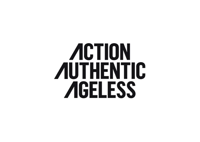 Action, Authentic, Ageless stacked to show the brand A substituted into real words