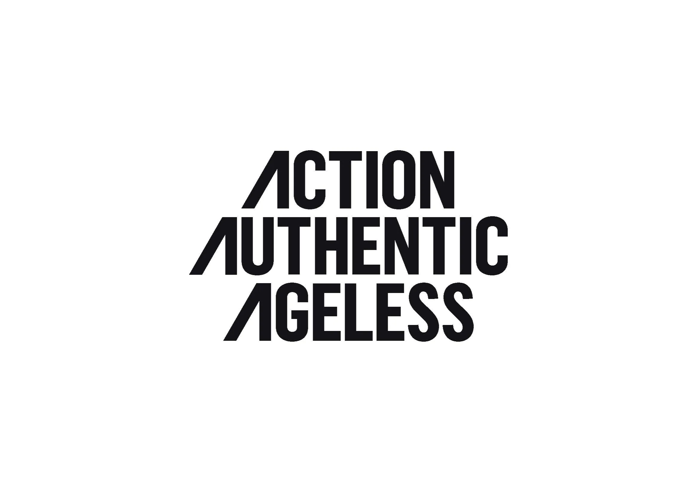 Action, Authentic, Ageless stacked to show the brand A substituted into real words