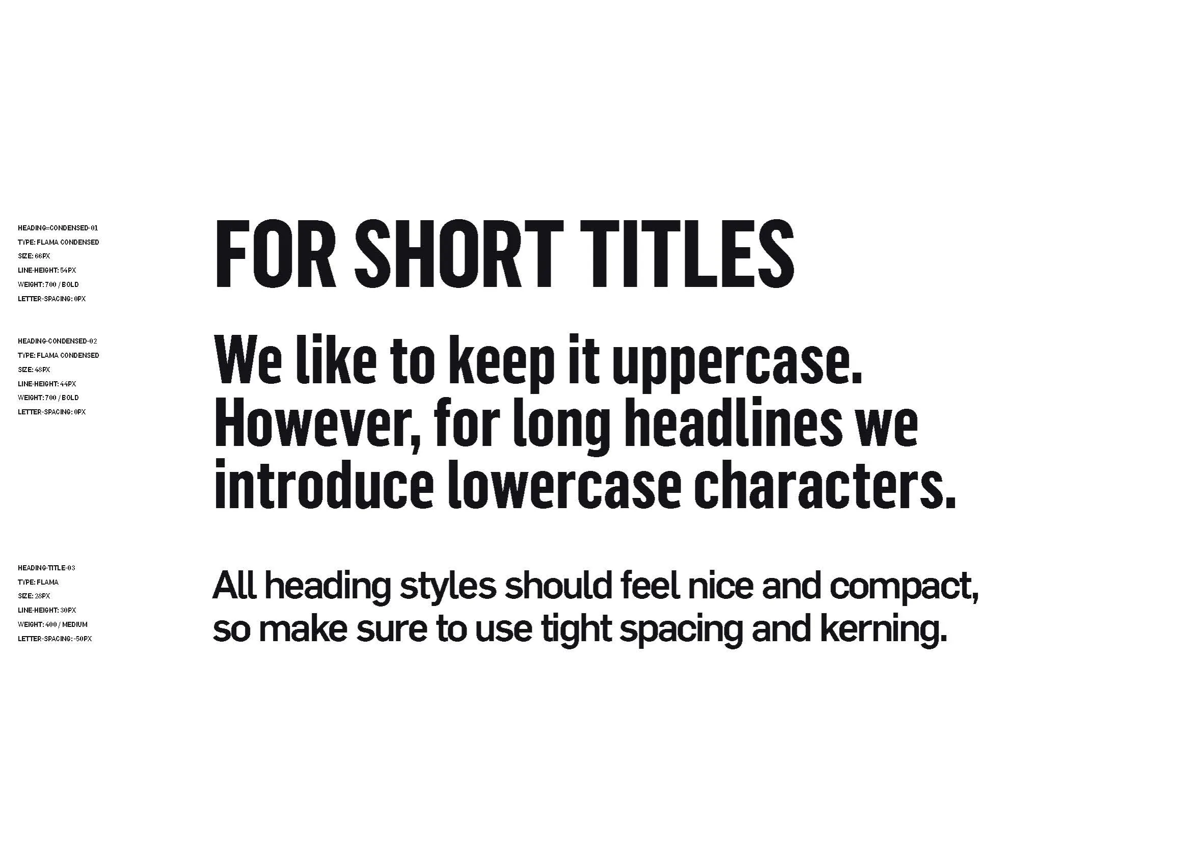 Headline rules page: uppercase for short titles, lowercase for long ones, tight spacing and kerning