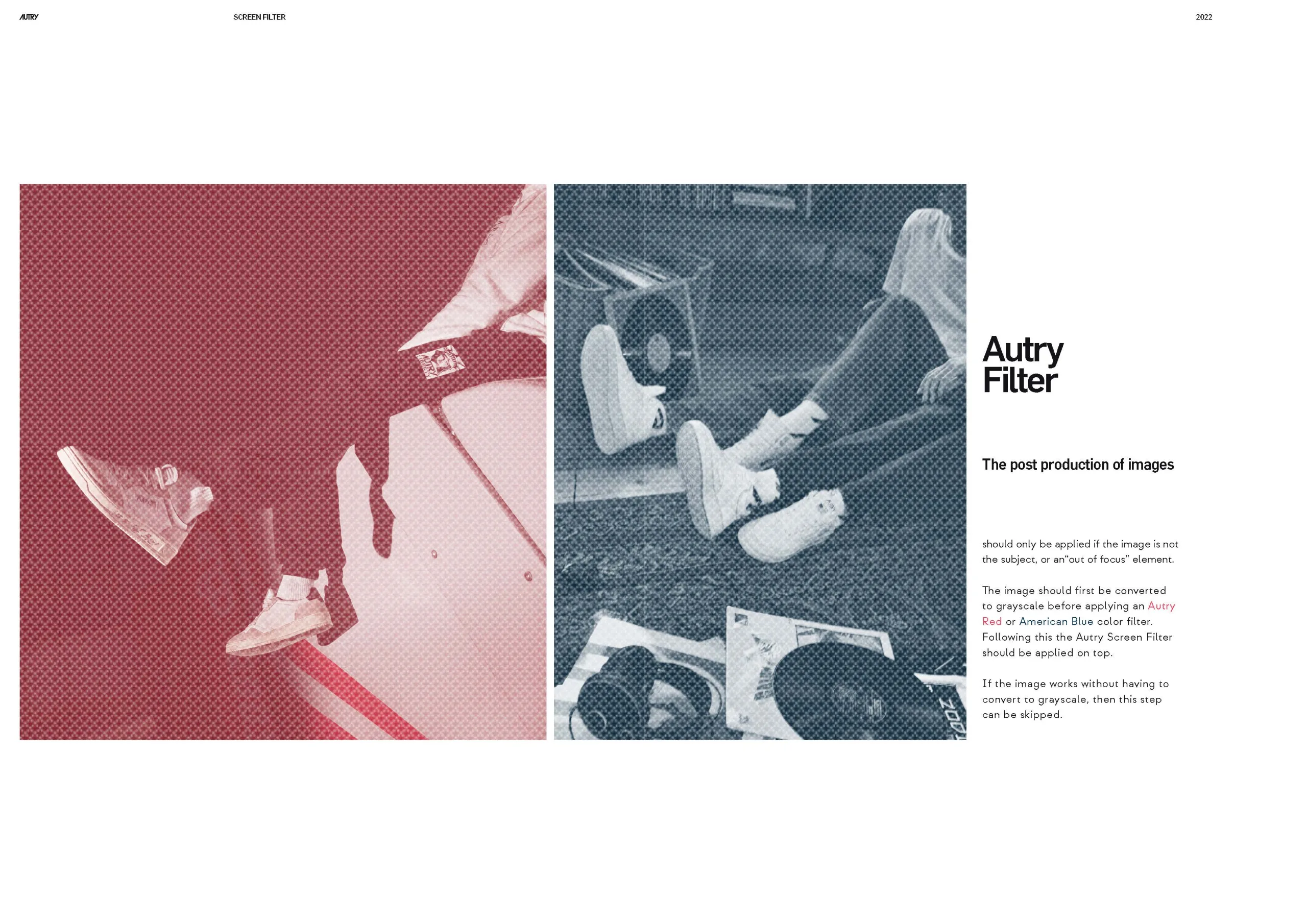 Autry Filter page: the same photograph shown twice, once in red duotone and once in blue