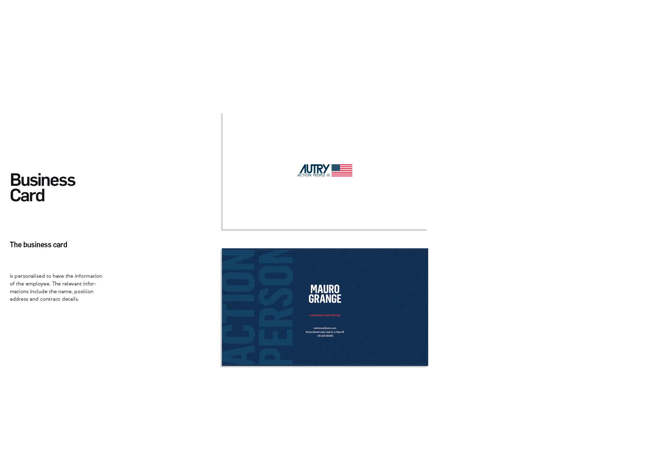 Business card page: the card shown front and back in navy and white