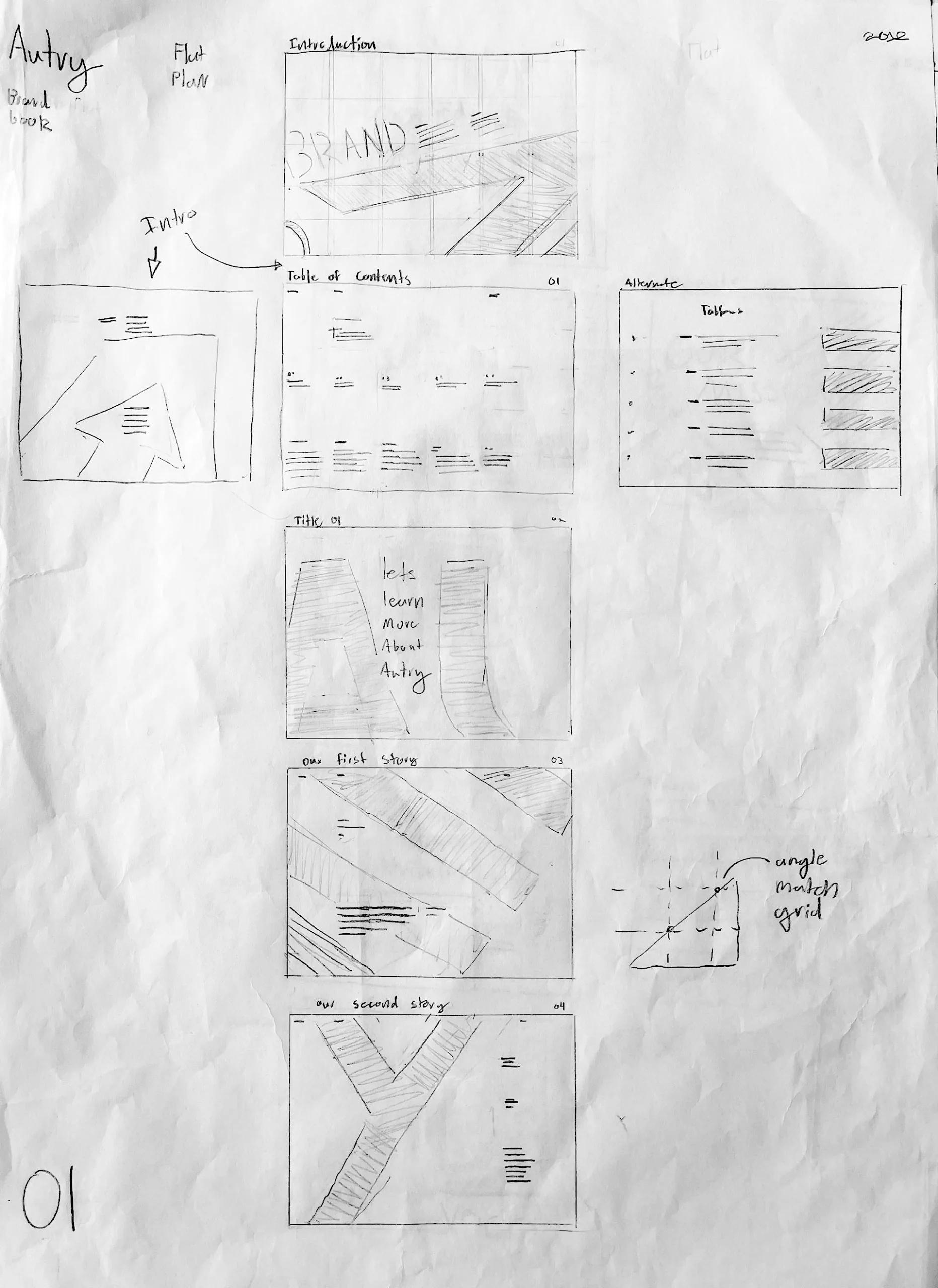 Hand drawn flat plan sheet 01: introduction and contents thumbnails with the angle match grid diagram