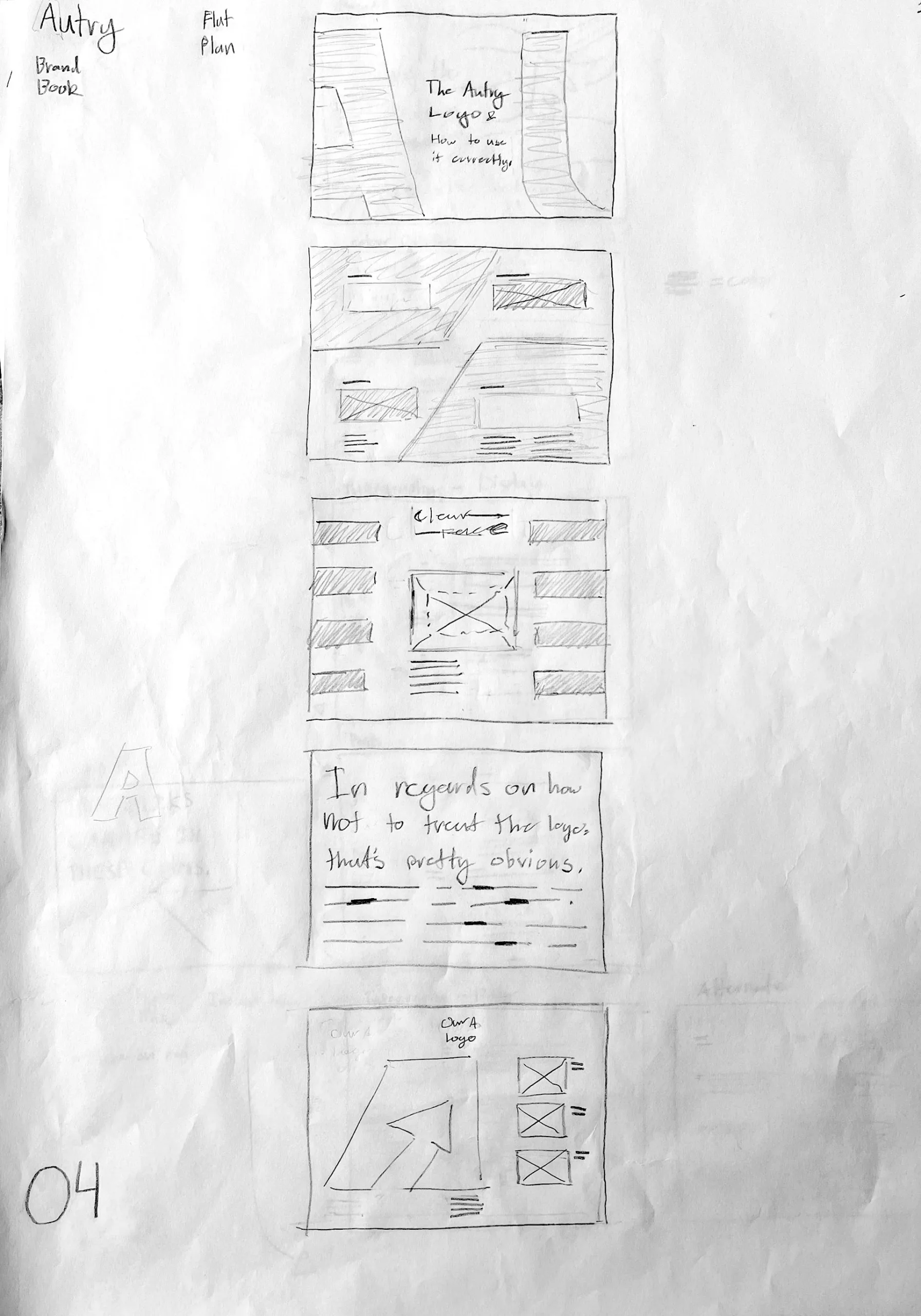 Hand drawn flat plan sheet 04: the logo section, with the note that how not to treat the logo is pretty obvious
