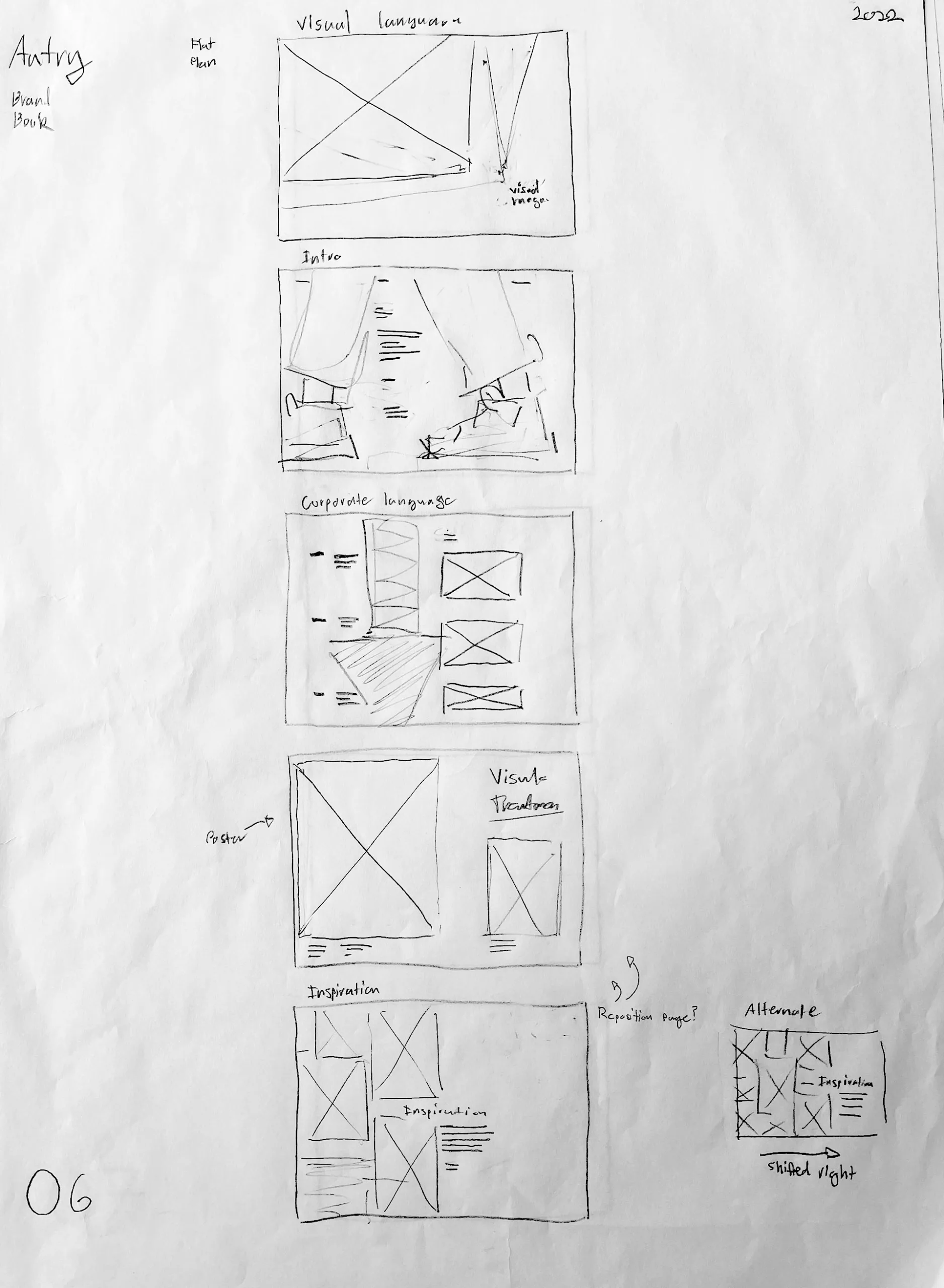 Hand drawn flat plan sheet 06: visual language and inspiration pages, with an alternate layout sketched beside them