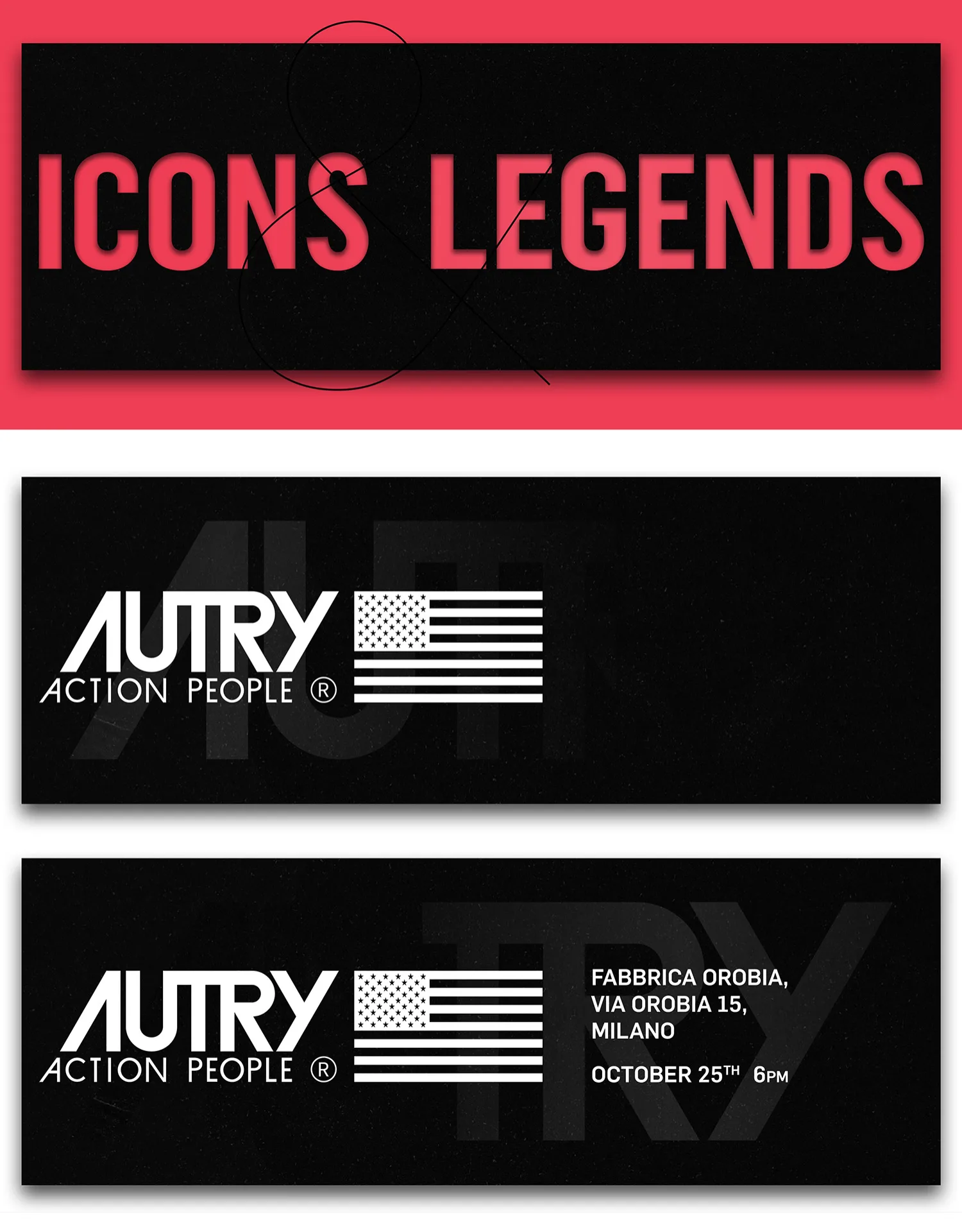 Digital invitation set: Icons and Legends in red on black with the lockup and venue details