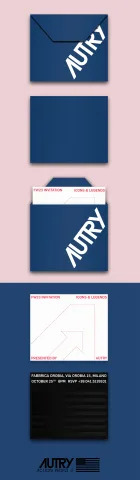 Printed invitation in navy: the same set shown with the wordmark running across the envelope flap