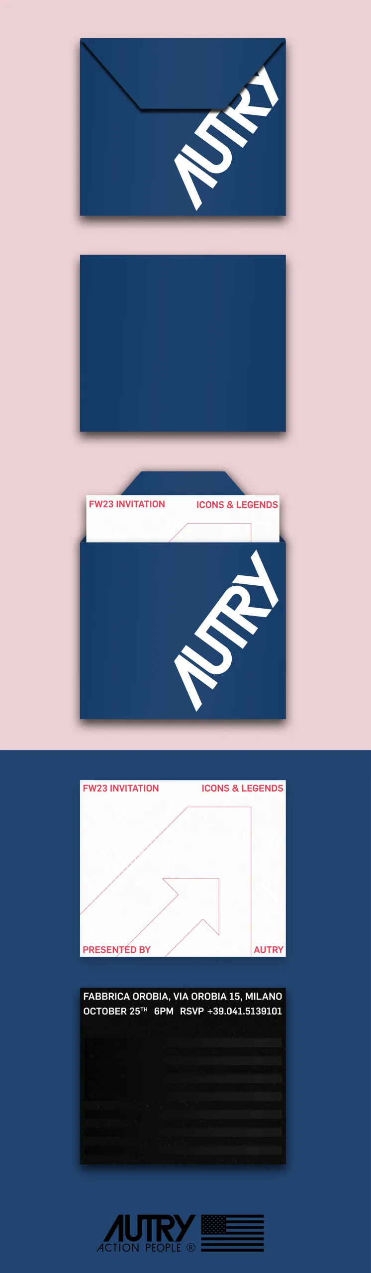Printed invitation in navy: the same set shown with the wordmark running across the envelope flap