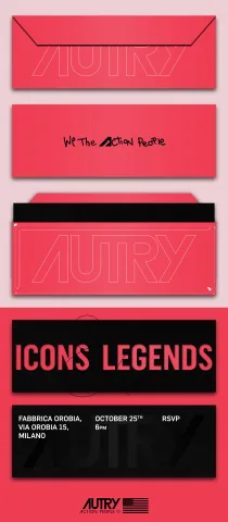 Red printed invitation: blind wordmark envelope, handwritten payoff and the Icons and Legends card