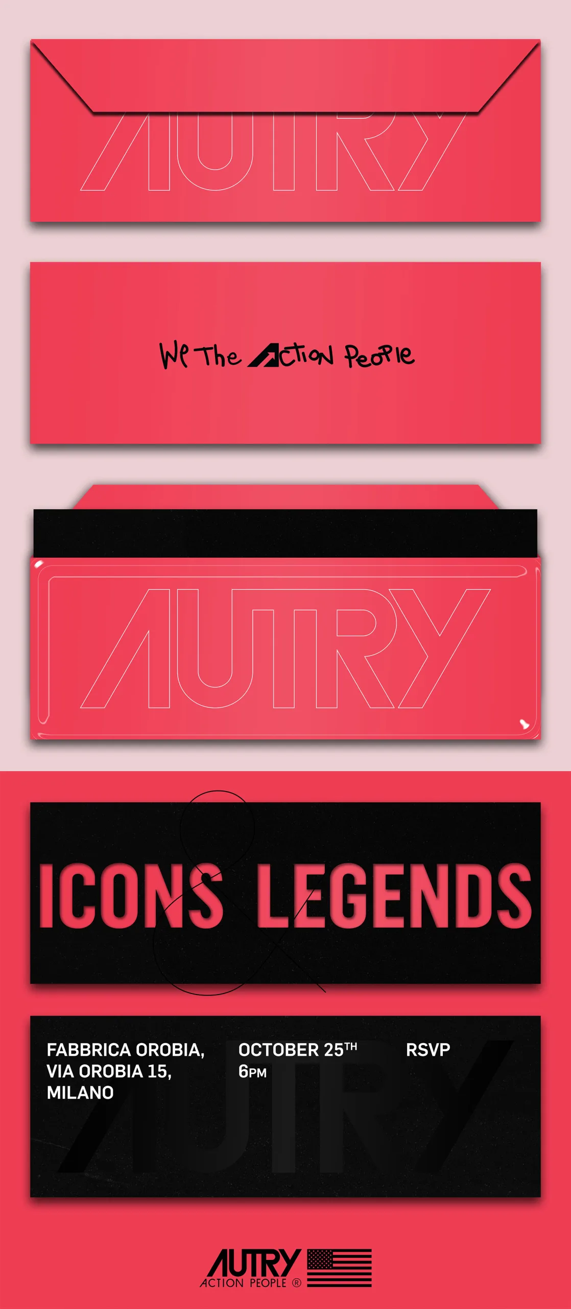 Printed invitation in red: envelope with a blind wordmark, the handwritten payoff, and the Icons and Legends card