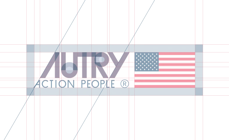Logo construction drawing: wordmark and flag on a grid with the monogram