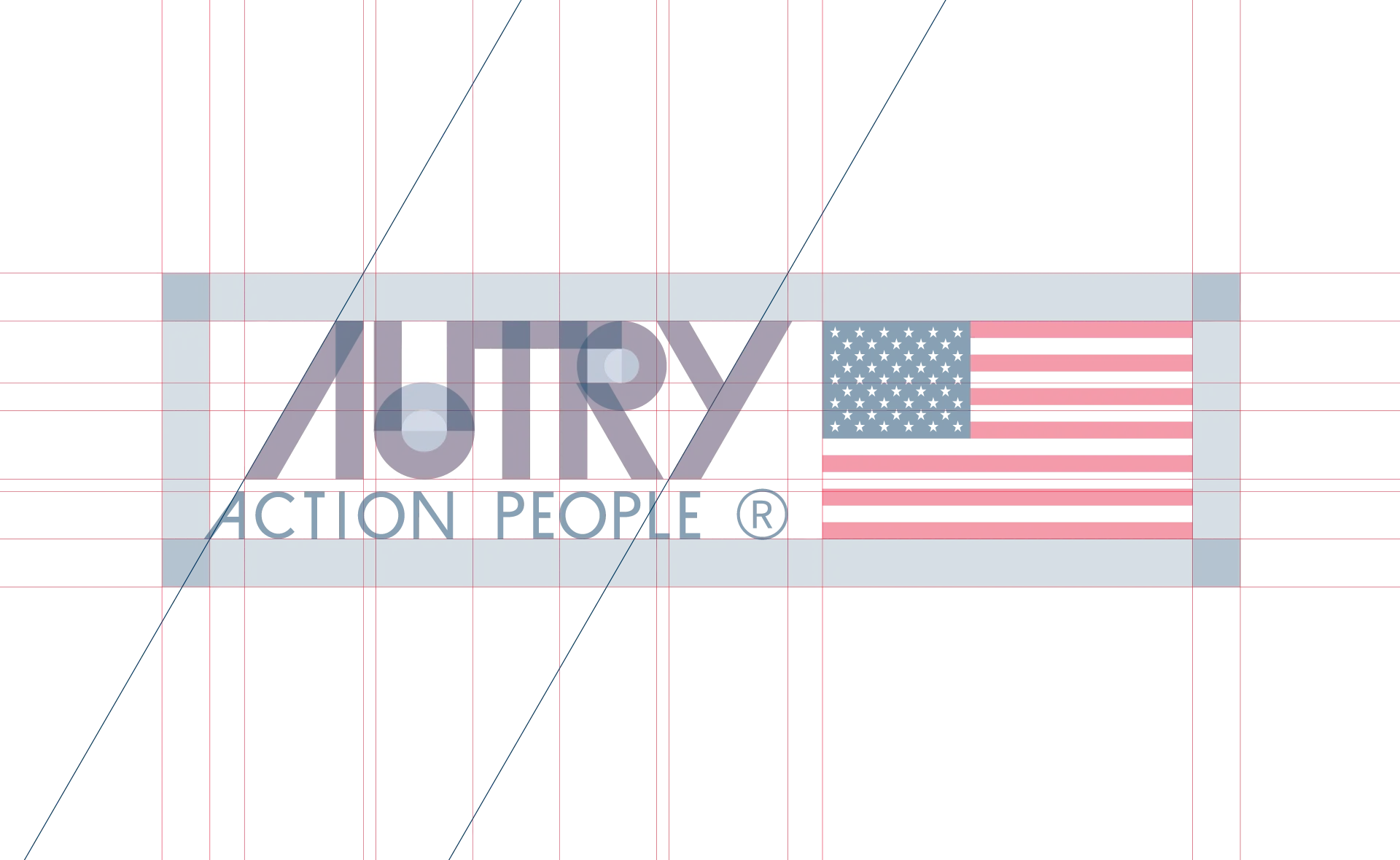 Logo construction drawing: the wordmark and flag on a measured grid with the monogram's angle traced through it