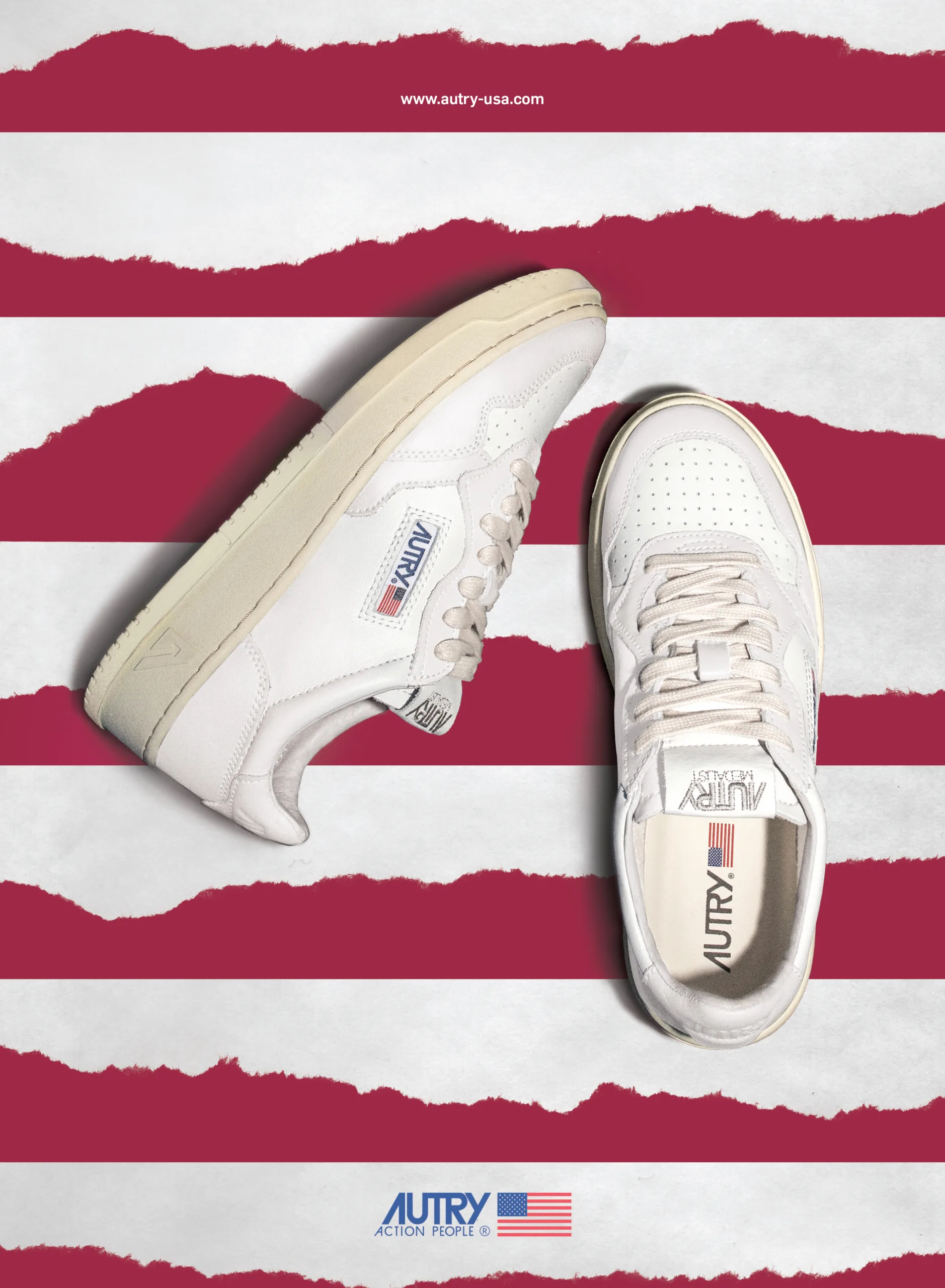 Press ad: two sneakers photographed across torn paper stripes in Autry Red and white