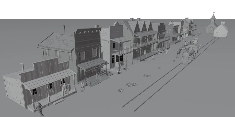 Untextured 3D blockout of the whole Front Street set: storefronts, boardwalks, rail line and church