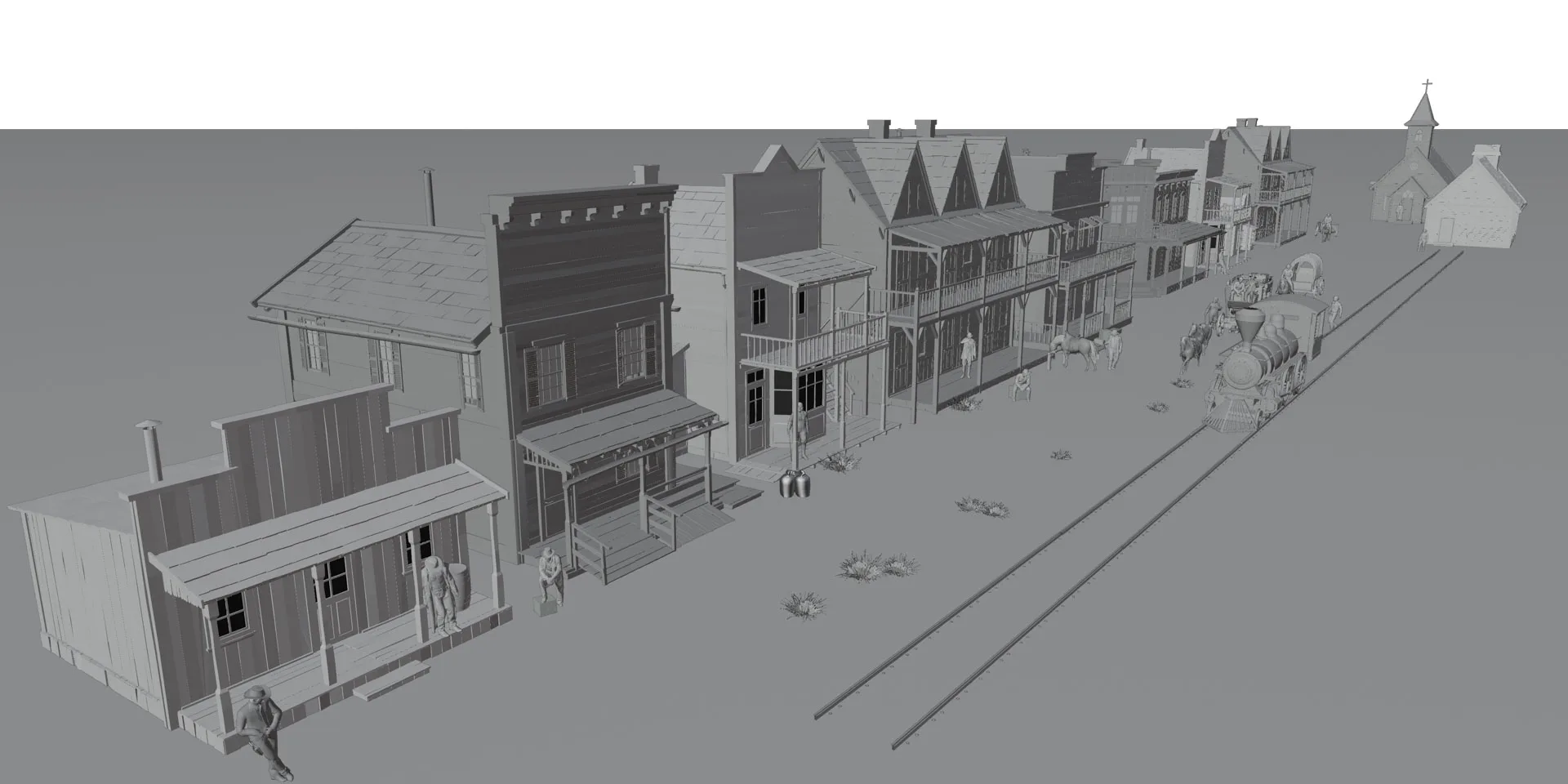 Untextured 3D blockout of the whole Front Street set: storefronts, boardwalks, rail line, locomotive and church