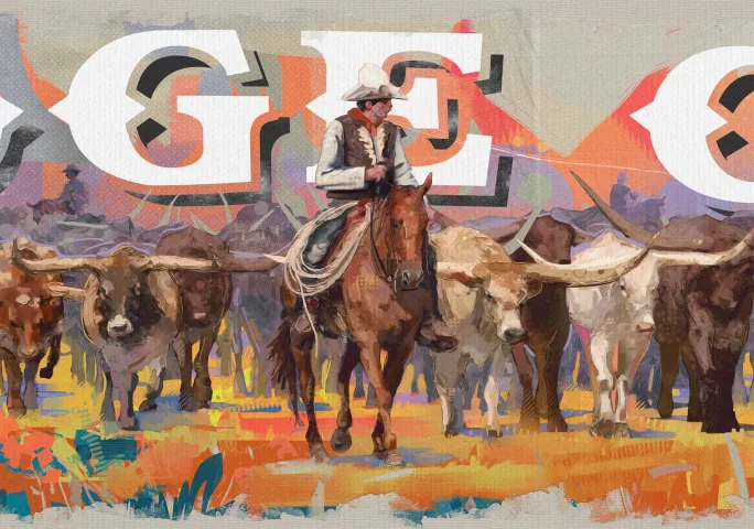 Close view of the drover and lead longhorns, with the painted wordmark breaking behind them