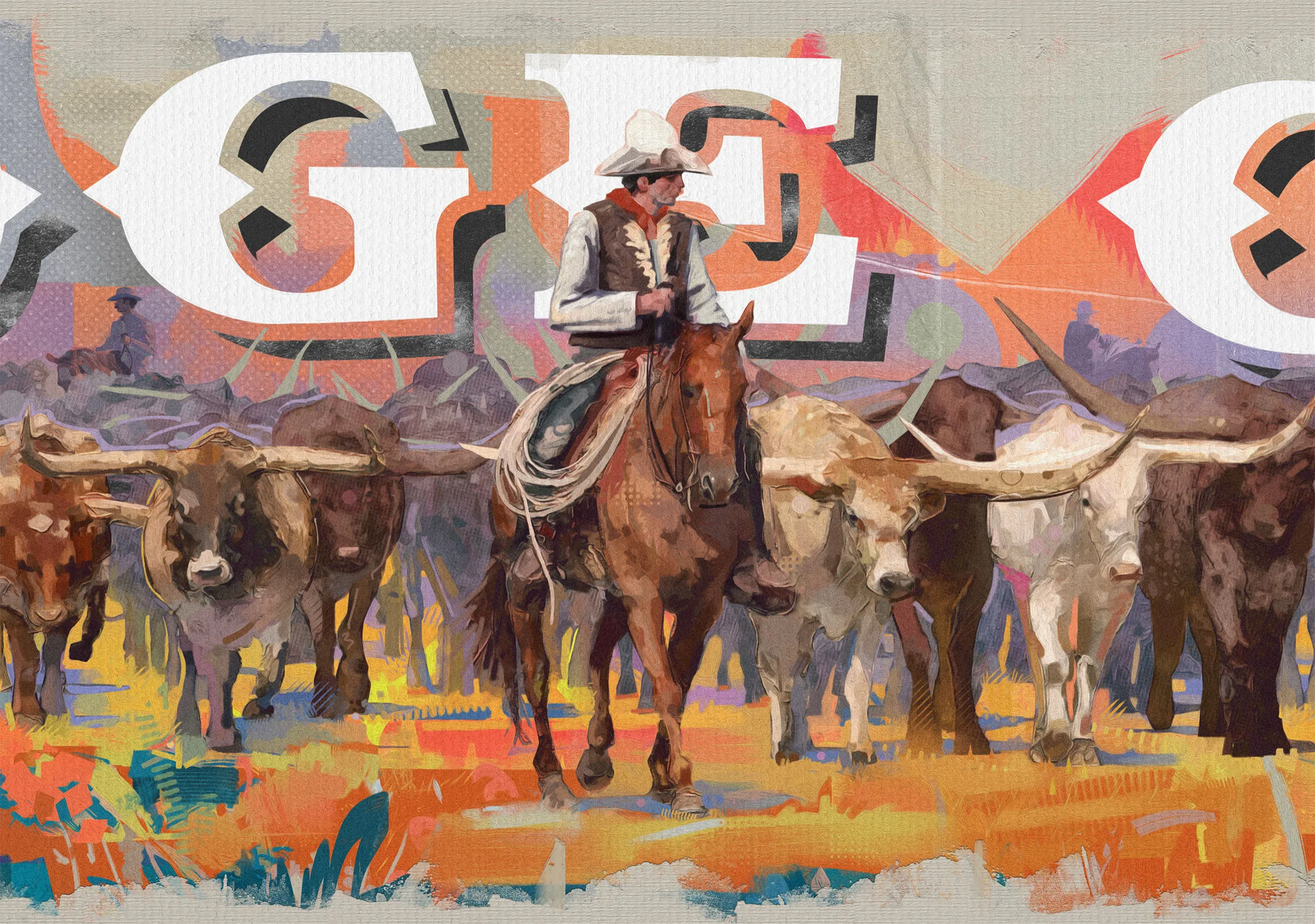 Close view of the drover and lead longhorns, with the painted wordmark breaking behind them