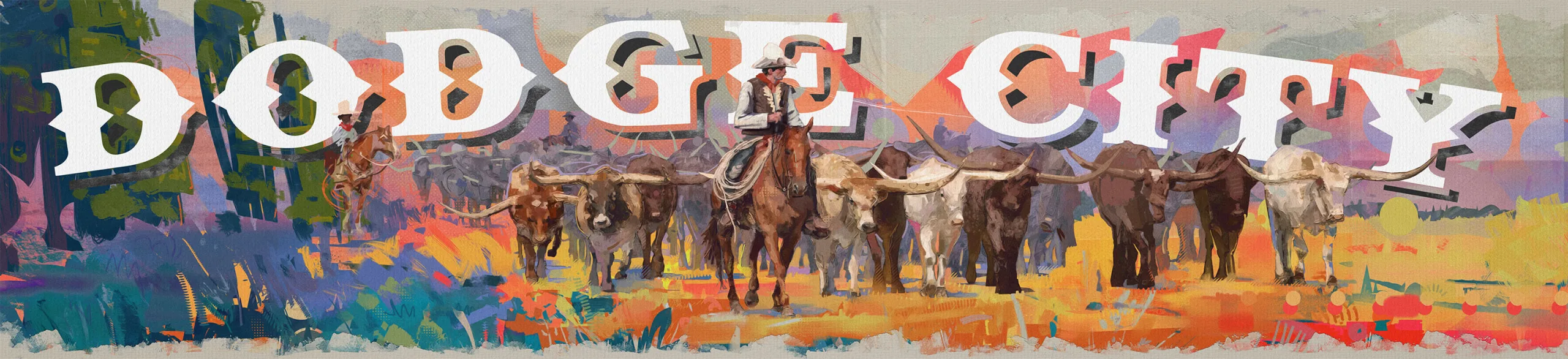Cattle drive mural: a drover on horseback rides through a herd of longhorns under a painted DODGE CITY wordmark