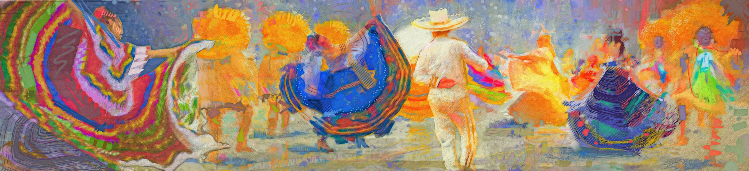 Folklórico mural: dancers in wide skirts of orange, blue and rose turning across the full width of the panel