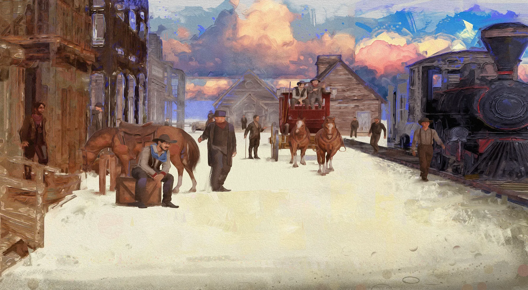 Close view of the far end of Front Street, with a stagecoach crossing toward a waiting locomotive under evening cloud