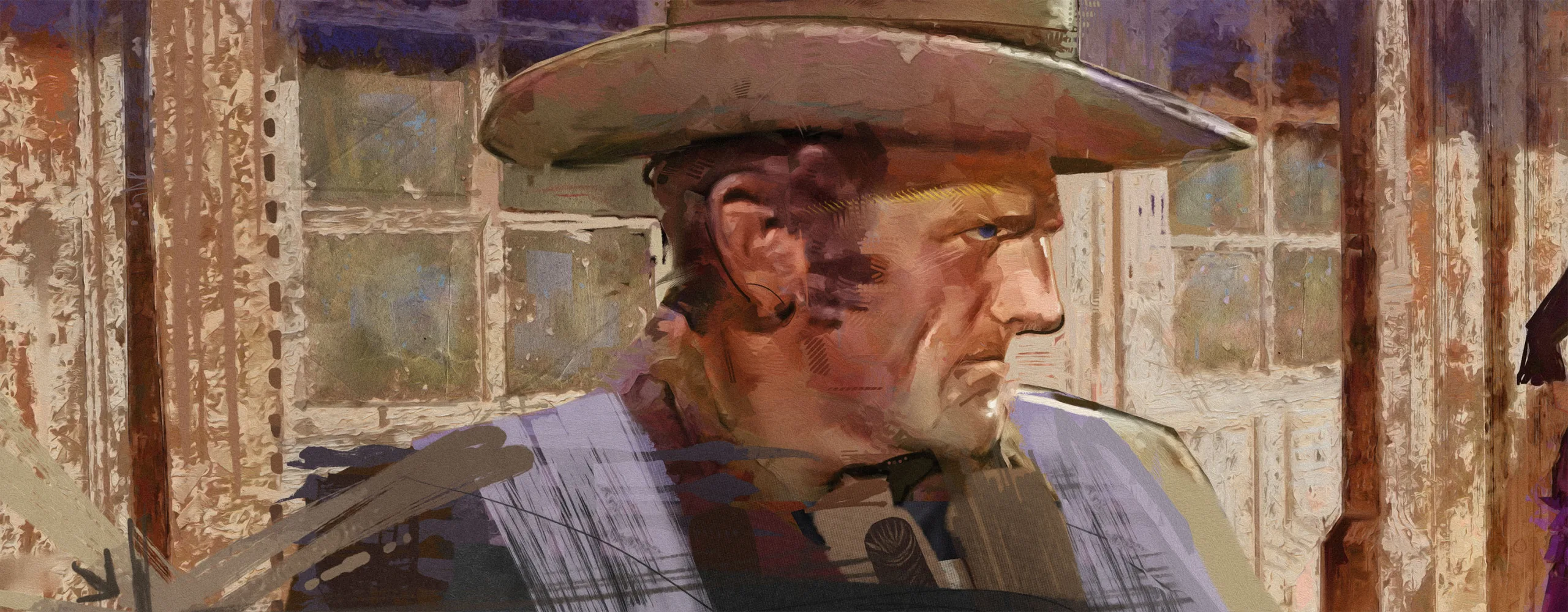 Close view of the cowboy holding the left edge of the Front Street panel, painted against weathered clapboard