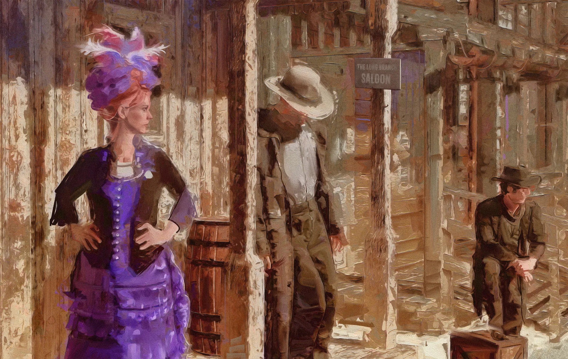 Close view of a woman in a purple dress and plumed hat on the boardwalk outside the Long Branch Saloon