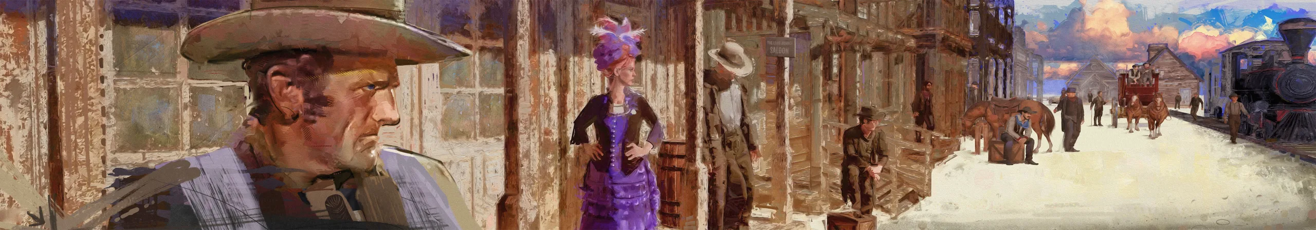 Front Street mural: a cowboy in the foreground, a woman in a purple dress on the boardwalk, and the street running back to a stagecoach and a locomotive