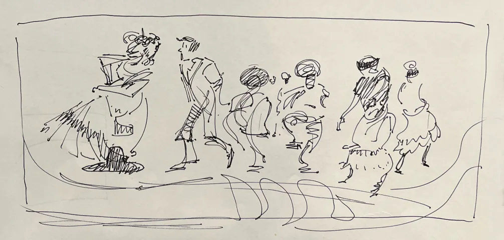 Pen composition thumbnail for the folklórico panel, dancers spaced across the full width