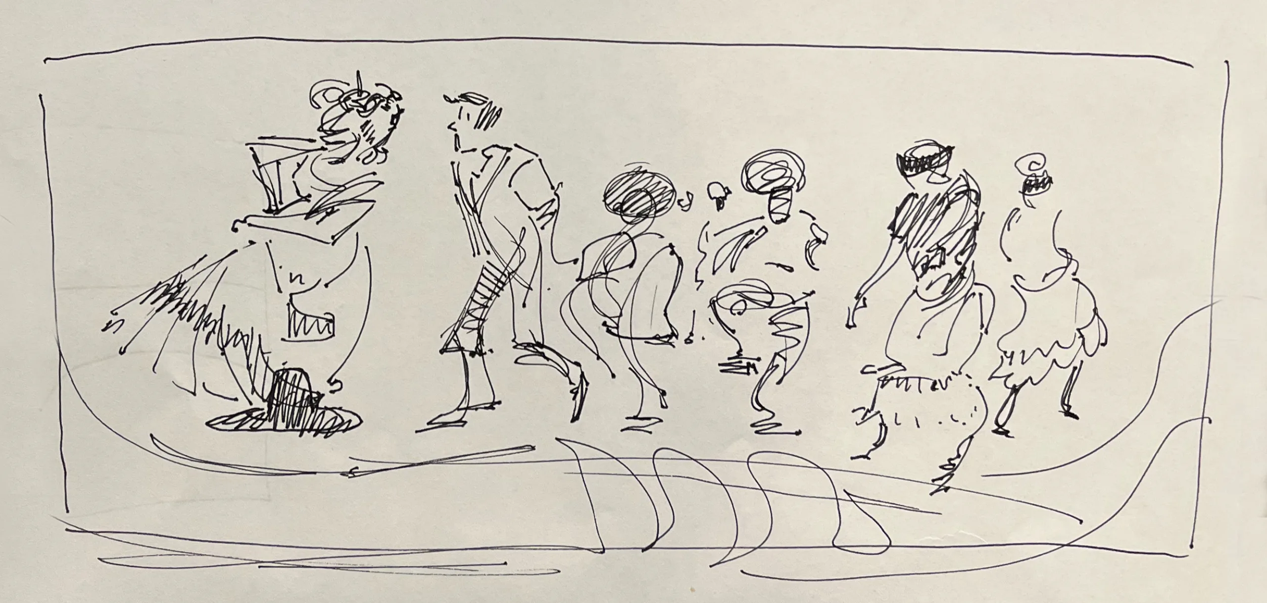 Pen composition thumbnail for the folklórico panel, dancers spaced across the full width