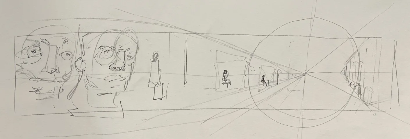 Pencil composition thumbnail for Front Street, faces at left and the street receding to one point
