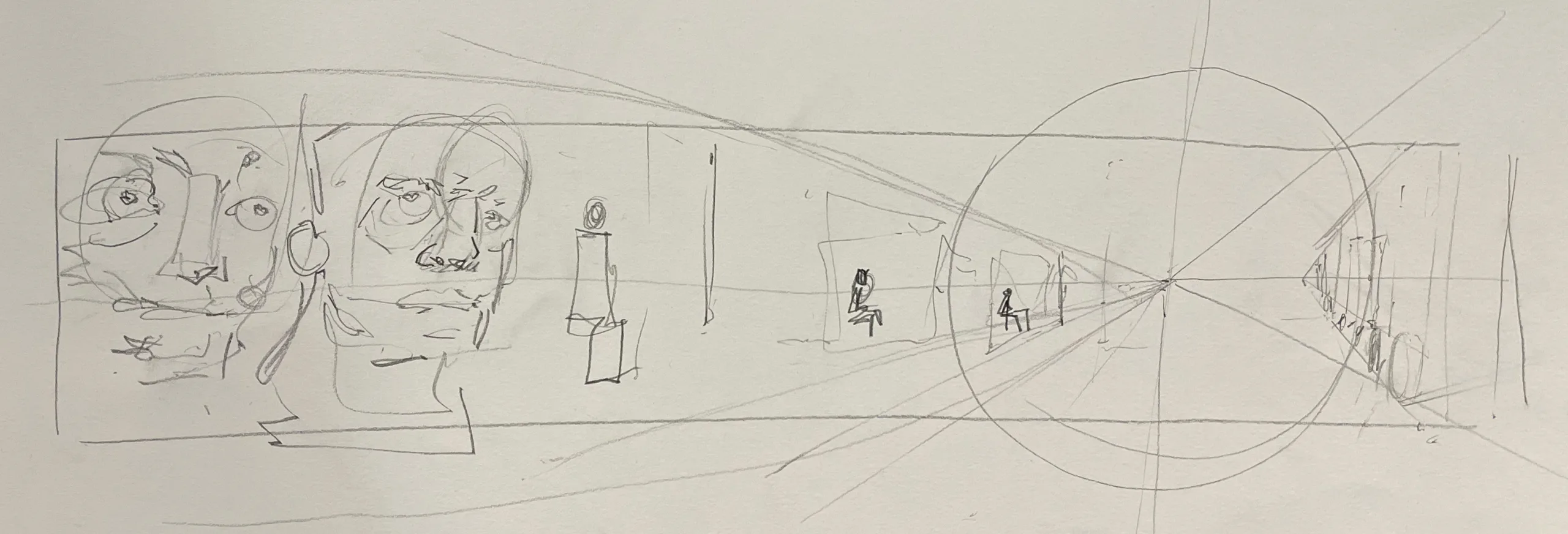 Pencil composition thumbnail for Front Street, with foreground faces at the left and the street receding to a single vanishing point