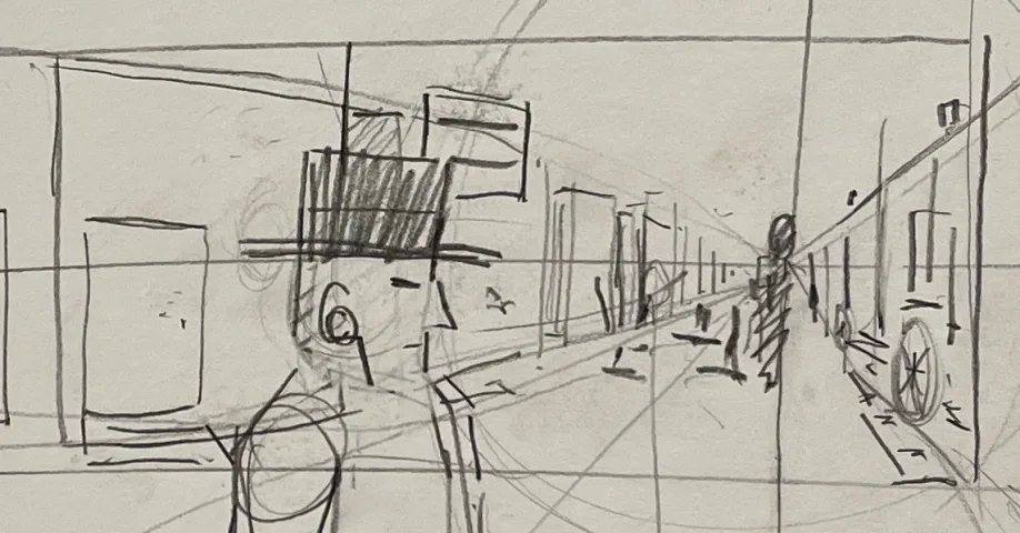 Pencil perspective study of the Front Street boardwalk, construction lines to the vanishing point