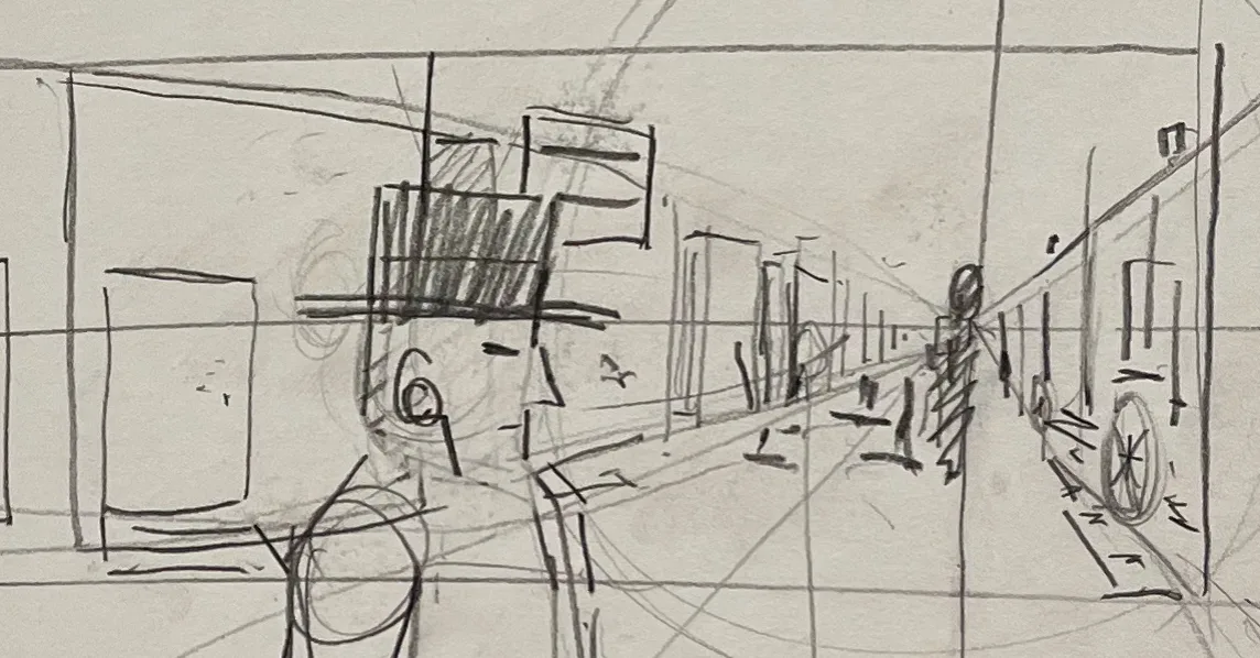 Pencil perspective study of the Front Street boardwalk with construction lines drawn to the vanishing point