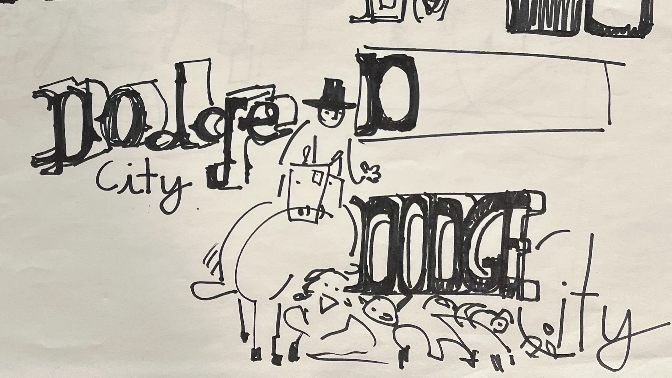 Marker sketches of Dodge City lettering variations beside a quick rider and herd thumbnail