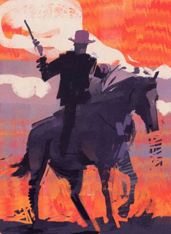Graphic style direction: the rider reduced to flat purple silhouettes against a burnt orange sky