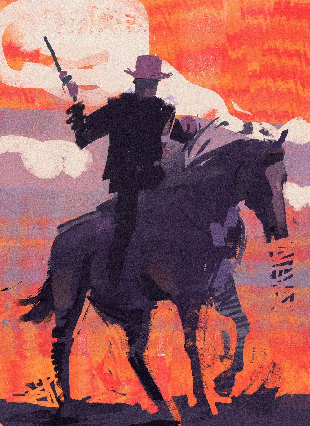 Graphic style direction: the rider reduced to flat purple silhouettes against a burnt orange sky