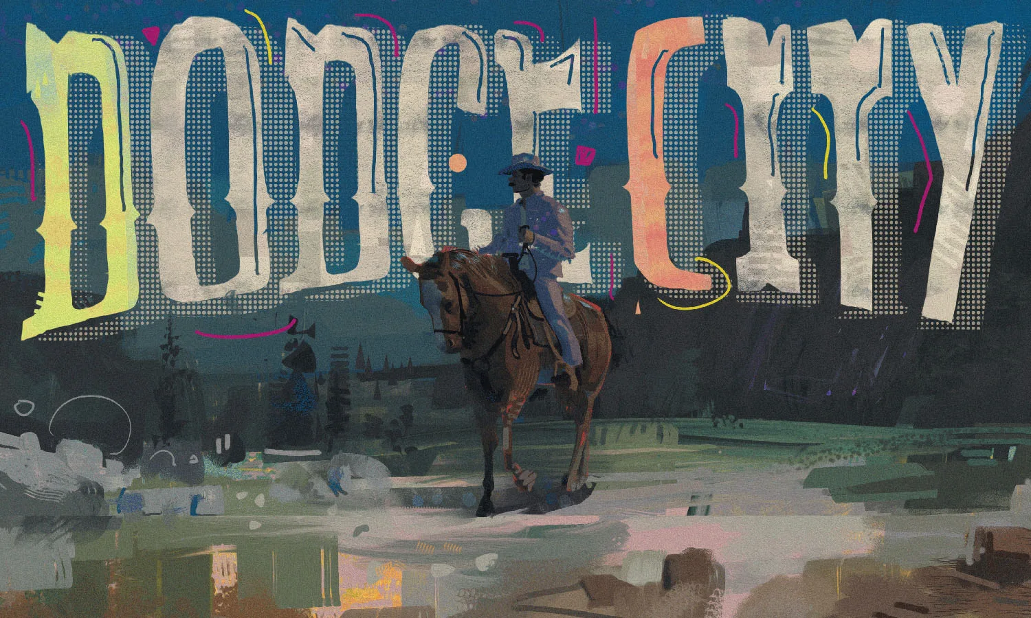 Lettering test: a halftone, screen printed DODGE CITY treatment laid over the nocturne rider
