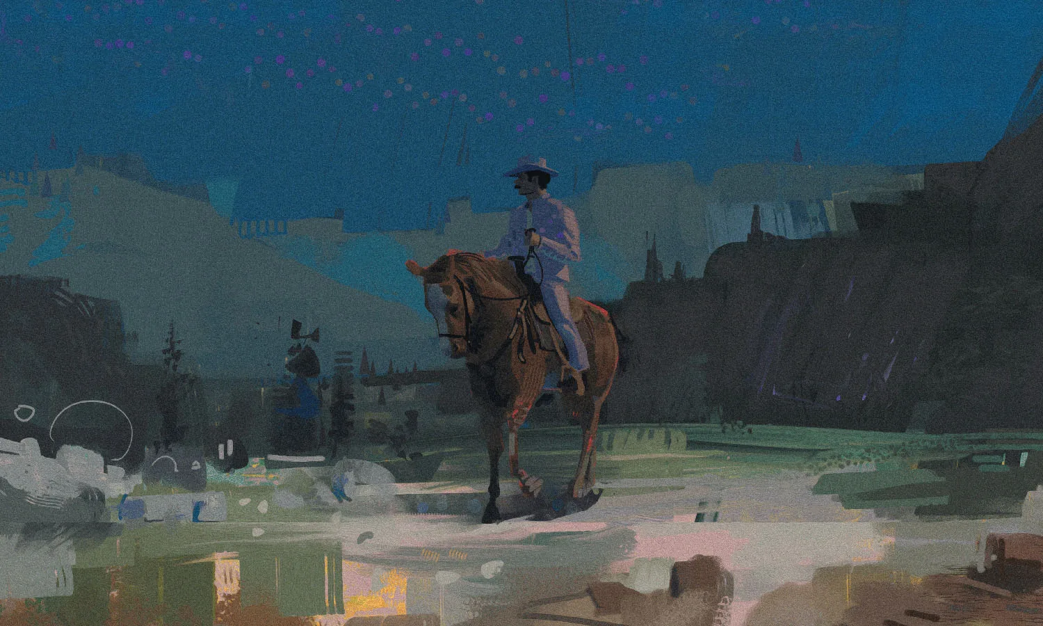 Nocturne style direction: a rider in pale blue crossing a dark valley under a deep night sky