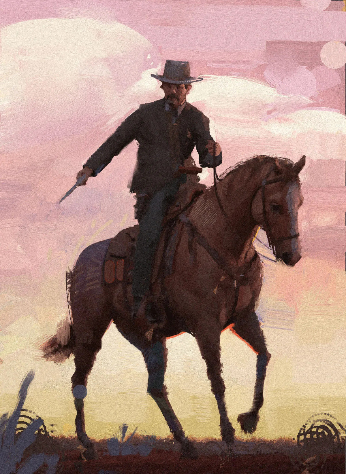 Painterly style direction: a rider drawing a knife, painted in warm broken brushwork against a pink sky