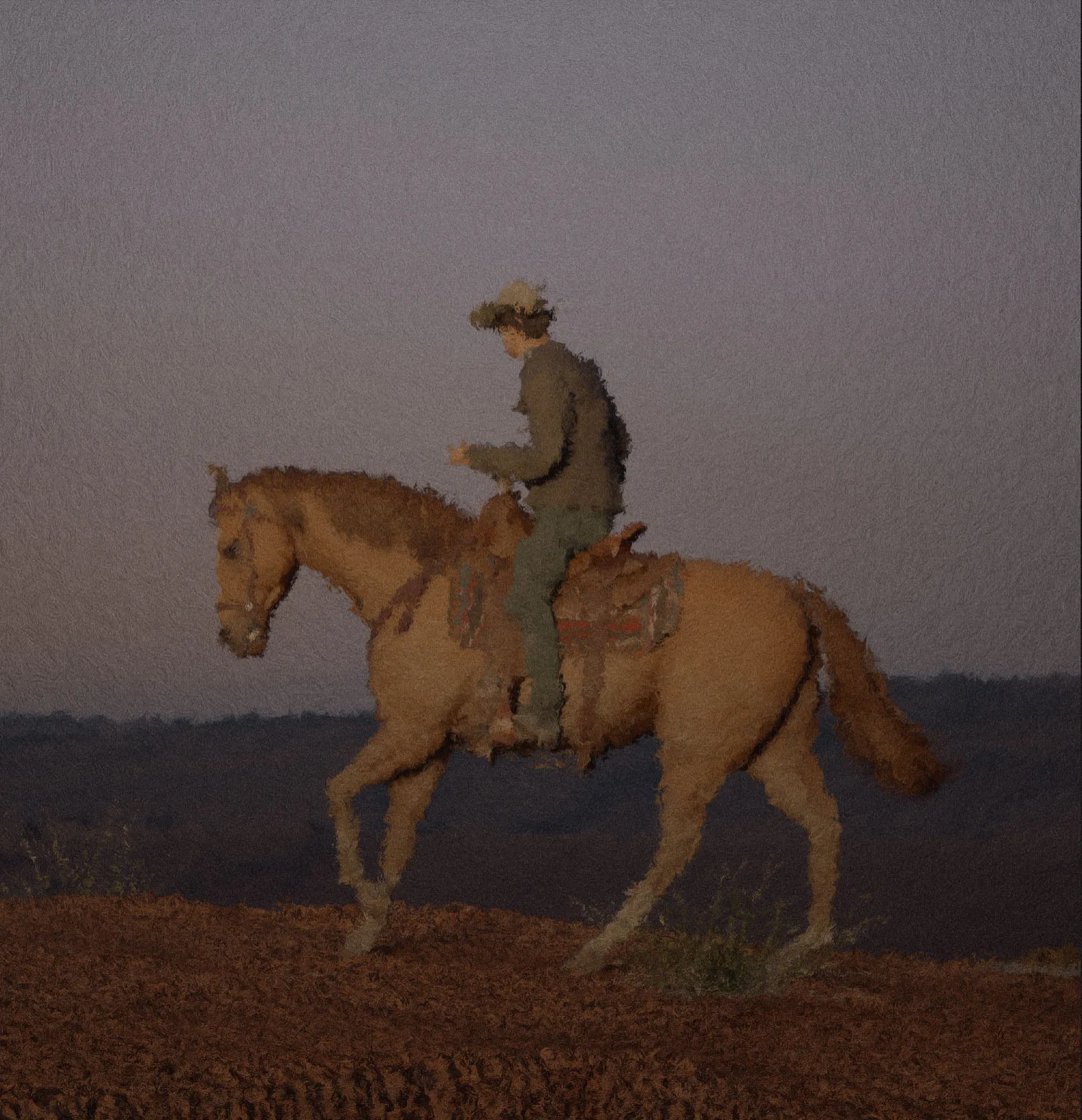 Photographic style direction: a rider on a ridge at dusk, rendered with almost no visible brushwork