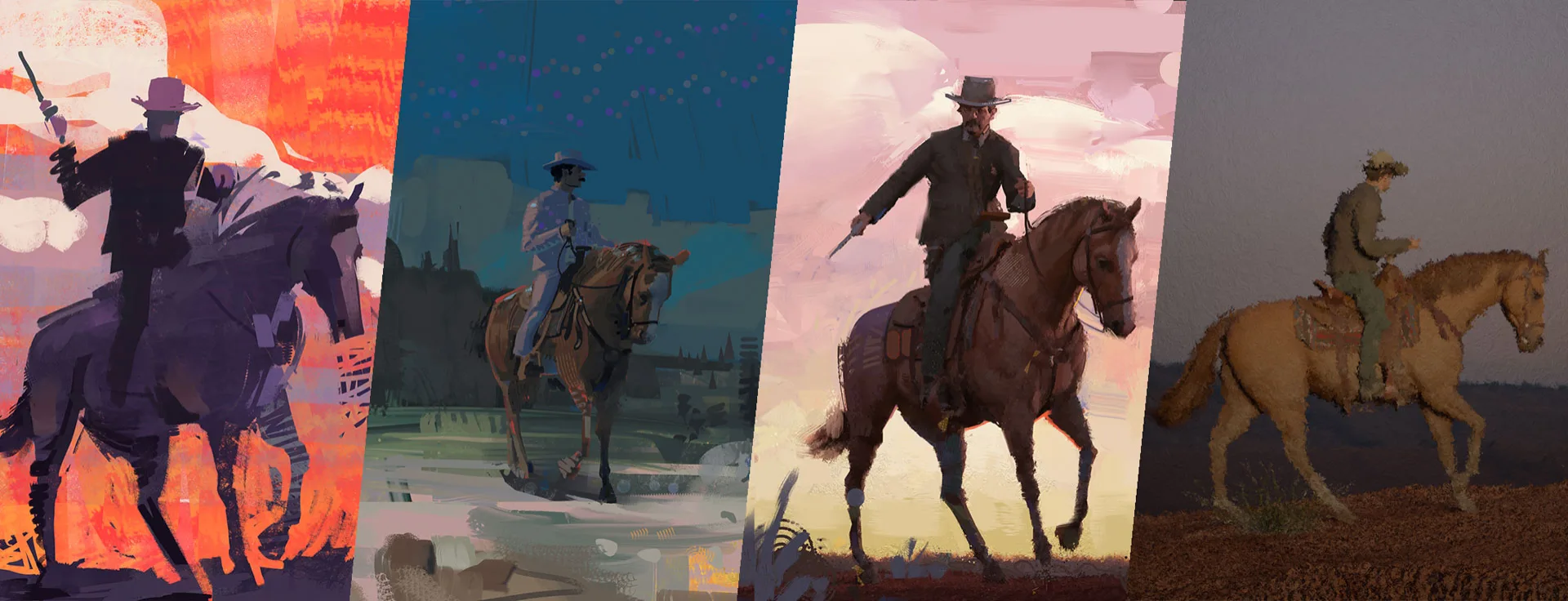 Presentation board showing all four style directions side by side, each painting the same lone rider
