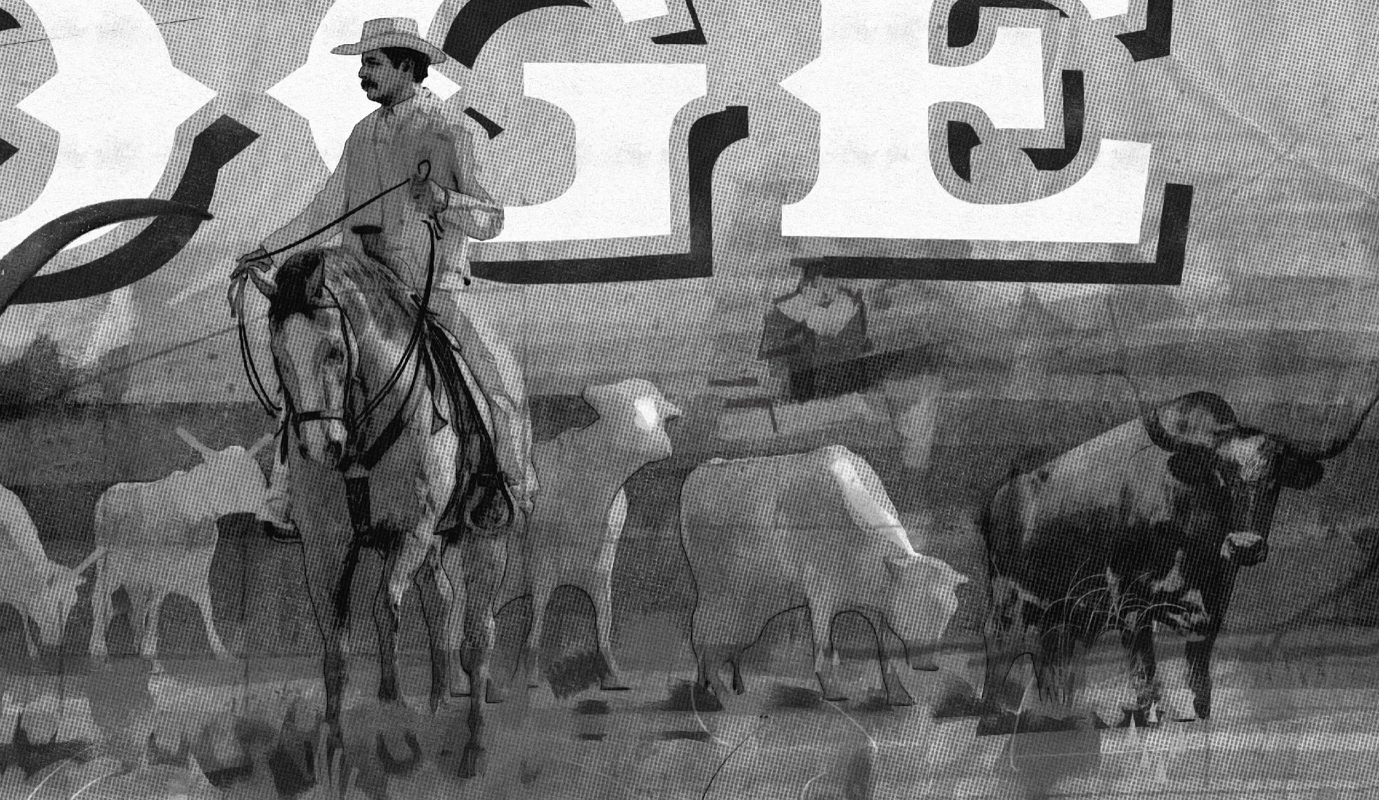 Greyscale value study detail, testing how the rider reads against the letterforms behind him