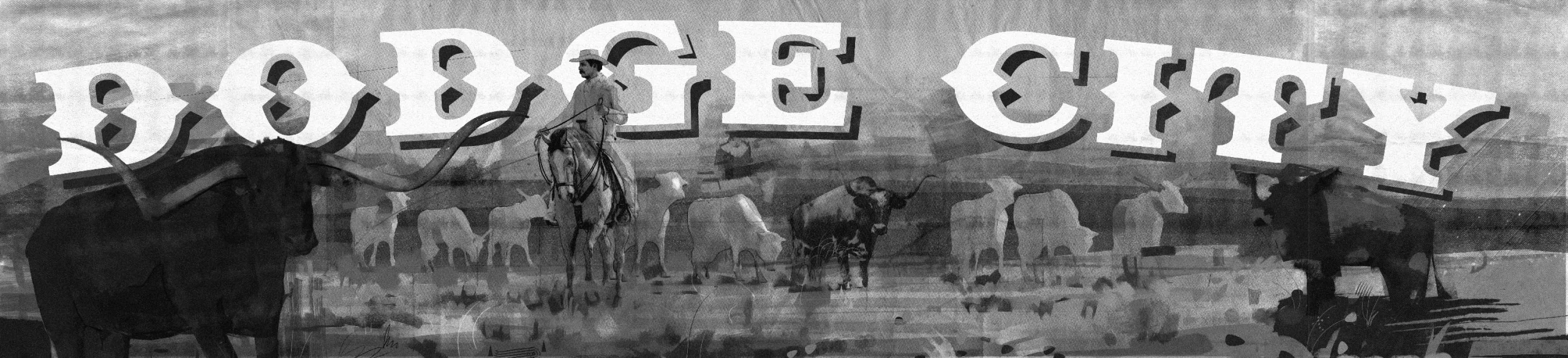 Greyscale value study of the full cattle drive panel, wordmark and herd resolved as flat steps of light