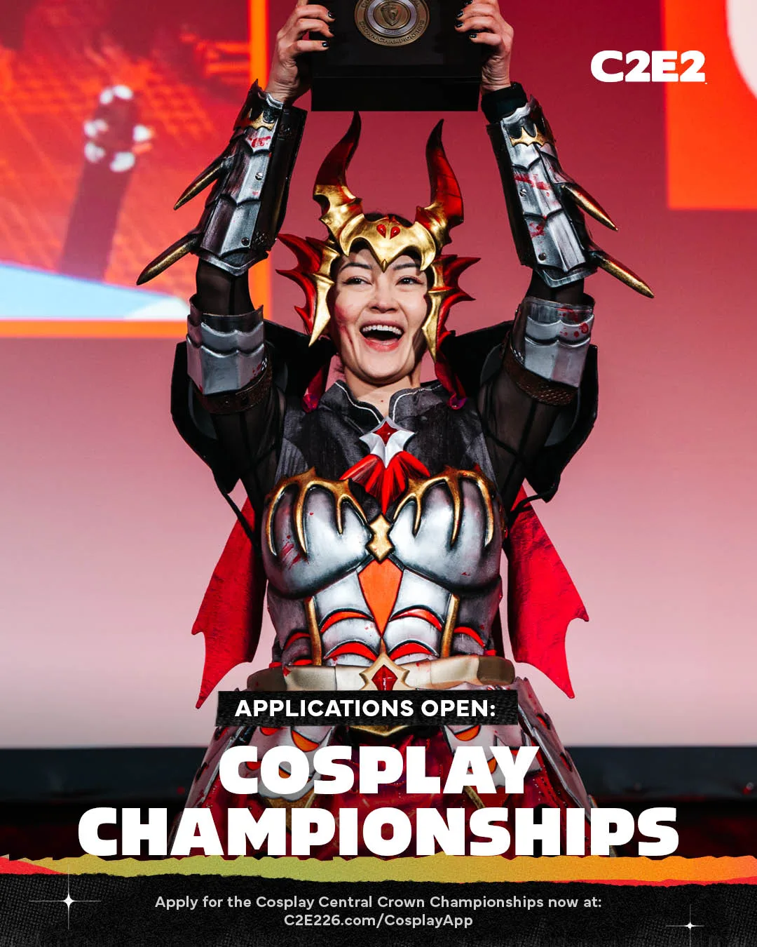 Announcement card: a champion lifts a trophy overhead, applications open for the Cosplay Central Crown Championships